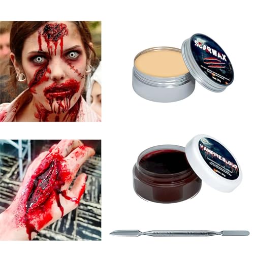 Halloween Schminke Kunstblut Set 30gx2 Kunstblut & Narbenwachs Schminke Set mit Makeup Schaber, 3er Halloween Karneval Makeup Kit für Zombies, Vampire, Monster, Cosplay von YIMOJOY