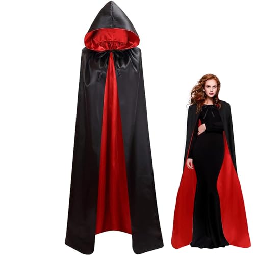 YIMOJOY Halloween Vampir Kostüm Erwachsene Satin Umhang mit Kapuze 150CM/170CM Doppelseitig Vampir Umhang Damen für Halloween Karneval Mittelalter Kostüm Party(L) von YIMOJOY