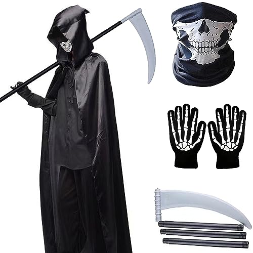 YIMOJOY 4er Sensenmann Kostüm Herren Set - Halloween Kostüm Männer Gruselig 120/150/170/190CM Unisex Erwachsene Sensenmann Umhang mit Sense Schädelmaske SchädeHandschuhe(L) von YIMOJOY