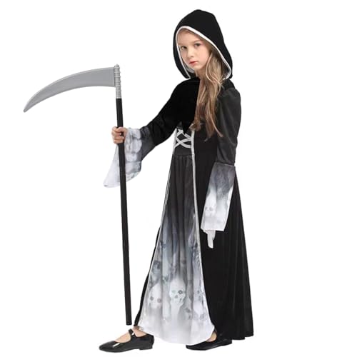 YIMOJOY Halloween Kostüm Mädchen- Horror Gespensterprinzessin Kostüm mit Sense,Gruselig Sensenmann Halloween Kostüm Kinder Mädchen Reaper Kostüm für Karnevals Party Fasching(10–12 Jahre) von YIMOJOY