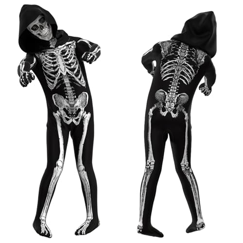 YIMOJOY Skelett Kostüm Kinder Halloween Kostüm Skelett Unisex Grim Reaper Kostüme Skelett Kinderkostüm Jungen Mädchen für Halloween Party Karnevals Cosplay Faschings(7–8 Jahre) von YIMOJOY