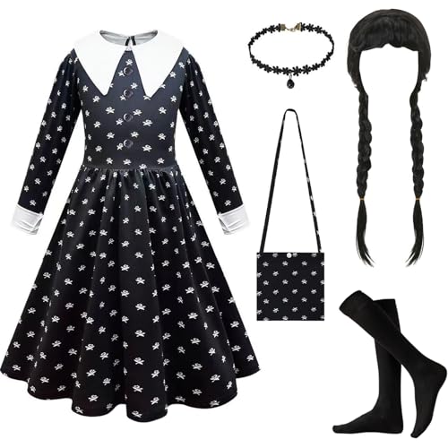 YIMOJOY 5 Stück Wednesday Kostüm Kinder Set,Wednesday Kostüm Mädchen mit Perücke Gothic Schwarzer Kleid Kinder Karneval Kostüm Cosplay Halloween Party Outfit(M) von YIMOJOY