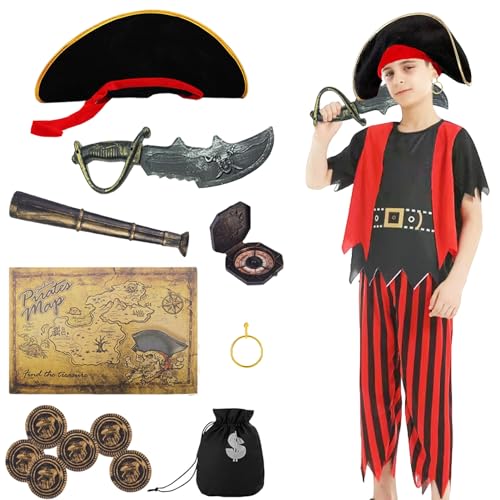 YIMOJOY Piratenkostüm Kinder mit Piratenhut Zubehör Set,9-teilig Piraten Kostüm Jungen Halloween Kostüm Fasching Karneval Kostüm Pirat Cosplay(XL) von YIMOJOY