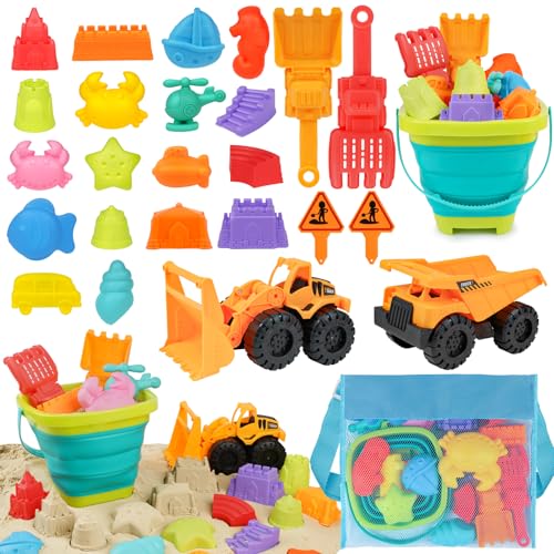 YIMORE Sandspielzeug Strandspielzeug Junge mit Faltbarer Eimer Kinder Bagger Sandkasten Spielzeug, 26 PCS Sandförmchen Sandschaufel Kinder, Reise Sand Spielzeug ab 3 Jahr von YIMORE