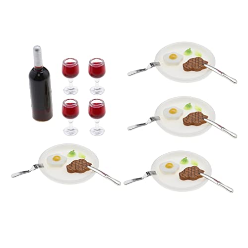 YINETTECH Miniatur Puppenhaus Lebensmittel Getränke Set 1:12 Maßstab Küche Pretend Play Spielzeug Mini Weinflasche Weinglas Teller Besteck Steak Ei Gemüse für Puppenhaus Dekor von YINETTECH