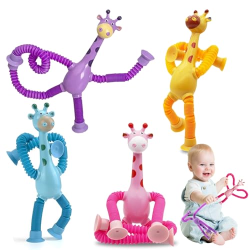 YINZZTRY Telescopic Suction Cup Giraffe Toy, Giraffe Pop Röhren Sensorik Spielzeug, Cartoon Teleskop-Rohr Giraffe, Teleskop Saugnapf Giraffen Spielzeug, Für Jungen Und Mädchen, 4 Stück von YINZZTRY