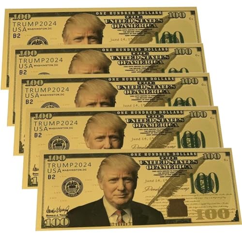 YIQILAFADA 5 Stück 2024 Gold Trump Rechnungen, 100 Präsident Donald Trump Authentische 24 Karat vergoldete Banknote von YIQILAFADA