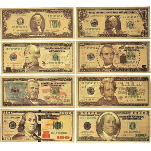 YIQILAFADA 8 Stück Gold Dollar Scheine Gold 100 Dollar Scheine Goldfolie Bill 100/50/20/10/5/2/1 Neuheit Rechnungen für Geschenk YIQILAFADA 8 Stück Gold Dollar Scheine Gold 100 Dollar Scheine Goldfolie Bill 100/50/20/10/5/2/1 Neuheit Rechnungen für Geschenk von YIQILAFADA