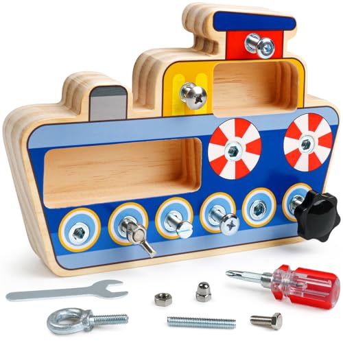 YIQOGAME Holz Lernspielzeug Montessori Spielzeug Ab 3 Jahre Holz Ozeandampfer Spielzeug Motorikspielzeug Für Kinder Kindergarten Spielzeug Montessori Schraubbrett von YIQOGAME