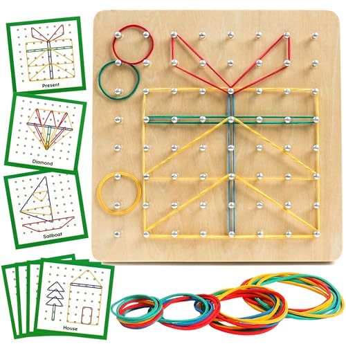 YIQOGAME Montessori Geobrett aus Holz mit Gummibändern Lernspielzeug für Kinder ab 3 4 5 Jahren STEM Spielzeug für den Unterricht Montessori Spielzeug Ab 3 Jahre von YIQOGAME