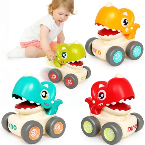 YIQOGAME Spielzeugautos Ab 1 Jahr - 4-Teiliges Set, Robust Und Sicher, Ideal Für Kleine Kinderhände, Fördert Motorik Und Kreativität, Dinosaurier Baby Auto Spielzeug Für 1 2 3 Jahren von YIQOGAME