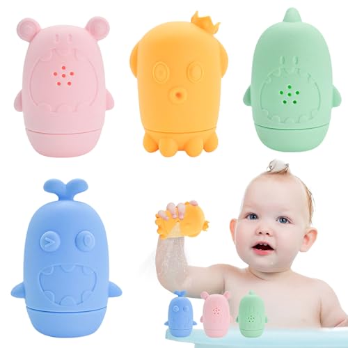 Silikon Badespielzeug Baby, 4 Stück Baby Silikon Badetiere, Baby Badespielzeug Spritztiere, Spritztiere Badespielzeug, Silikon Badewanne Spielzeug Kinder, für Babys Kleinkinder Unisex (A) von YISKY