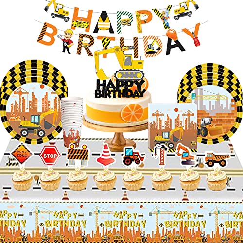 Bagger Partygeschirr Kindergeburtstag, 67 Stück Baustelle Partygeschirr Geburtstag Deko, Baustelle Kindergeburtstag Partyset mit Pappteller, Servietten, Cake Toppers, Tischdecke für 10 Gäste von YISKY