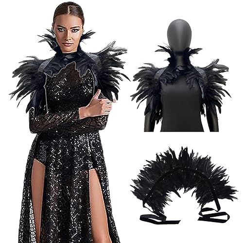 Halloween Feder Shrug Schal Schulterumhang Cape Gothic Kragen Halloween Kostüm, Umhang Schwarz Kostüm Damen Feder Umhang Cape Federboa Feder Schal Gothic für Halloween Cosplay Verkleidung von YISKY