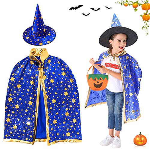 Kinder Halloween Kostüm, Halloween Witch Wizard Cape, Wizard Cape Witch Umhang mit Hut, Kürbis Candy Bag, Hexen Mantel, Hexenkostüm Zauberermantel für Jungen Mädchen Halloween Party Cosplay(Blau) von YISKY