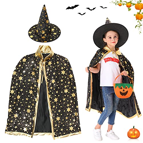 Kinder Halloween Kostüm, Halloween Witch Wizard Cape, Wizard Cape Witch Umhang mit Hut, Kürbis Candy Bag, Hexen Mantel, Hexenkostüm Zauberermantel für Jungen Mädchen Halloween Party Cosplay (Schwarz) von YISKY