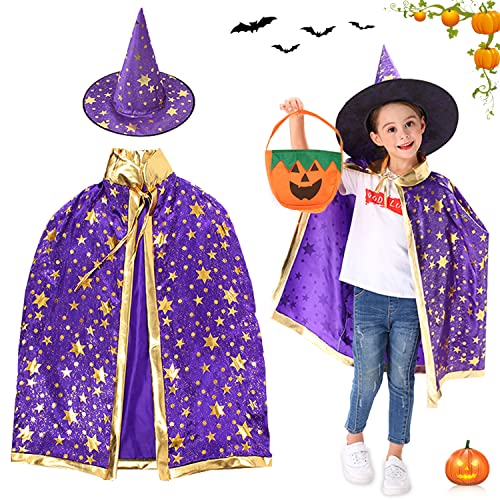 Kinder Halloween Kostüm, Halloween Witch Wizard Cape, Wizard Cape Witch Umhang mit Hut, Kürbis Candy Bag, Hexen Mantel, Hexenkostüm Zauberermantel für Jungen Mädchen Halloween Party Cosplay (Violett) von YISKY