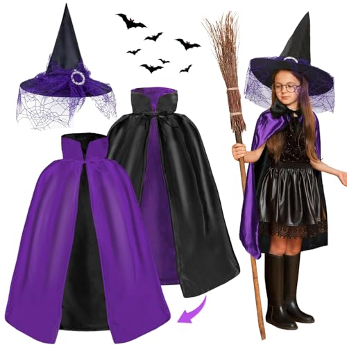 YISKY Halloween HexeKostüm, Hexe Zauberer Umhang mit Schwarz Hexenhut, Lila-Schwarz Hexenkostüm, Lila Zauberumhang für kinder, Hexen Cape, Halloween kostüm mädchen, für Halloween Cosplay Party von YISKY