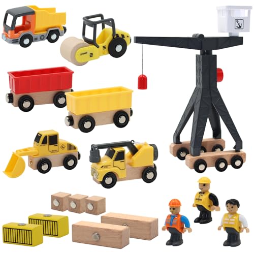 YISKY Baustelle Kinder Fahrzeug, Holz Konstruktions Fahrzeuge, Baustellen Spielset Kinder, Crane Spielzeug Set, mit Turmkran Bagger Muldenkipper Radlader Straßenwalze, Spiel Set für Kinder ab 3 von YISKY