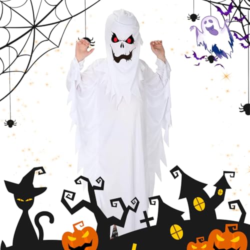 Geister Weiß Umhang Halloween Kostüm, Weißes Geister Halloween Kostüm, Geist Umhang Halloweenkostüm, Geist Robe Weiß für Kinder, Geist Umhang Gespenst mit Kappe für Kinder, für Karneval Halloween von YISKY