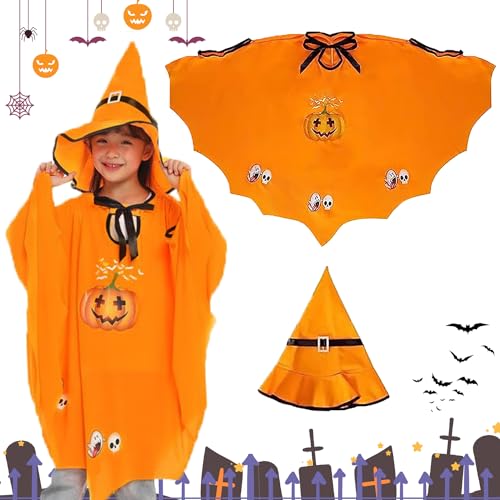 Halloween Kürbis Kostüm für Kinder, Halloween Umhang für Kinder, Halloween Kürbis Kostüm mit Hut, Fledermaus Umhang Kostüm, Halloween Kürbis kostüm für Jungen Mädchen Halloween Cosplay Party (Gelb) von YISKY