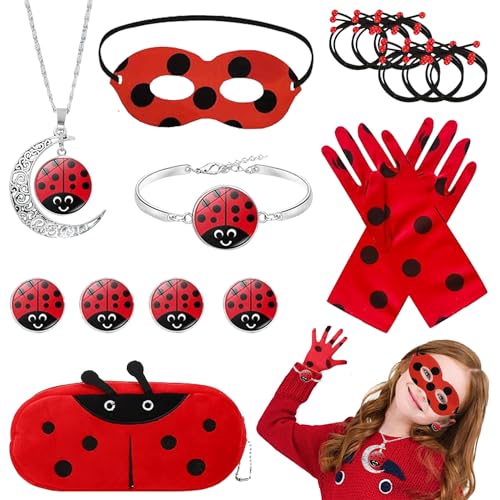 YISKY Marienkäfer Kostüm Zubehör Set, 13 Stück Marienkäfer Cosplay Kostüm Zubehör, Marienkäfer Schmuck für Kinder, Ladybug Mädchen Kostüm Zubehör, Rot Bug Kostüm Zubehör Set, Geschenk für Mädchen von YISKY