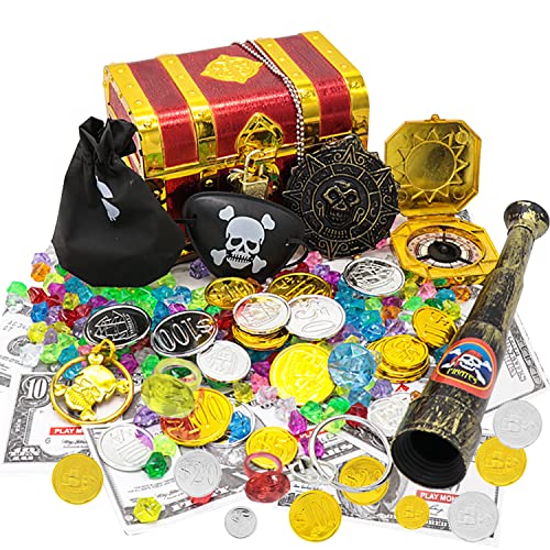 YISKY Piraten Schmucksteine Set, 100pcs Edelsteine, Piratenschatz Set mit Schatztruhen, Goldmünzen, Piraten Augenklappe, Kompasse, für Schatzsuche, Kinderspielzeug Piratenparty Dekoration Mitgebsel von YISKY