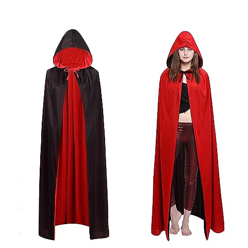 YITONGFU Halloween Umhang,vampirumhang mit kapuze，vampir kleidung.umhang schwarz rot doppelseitig Halloween umhang für erwachsene (140CM) von YITONGFU