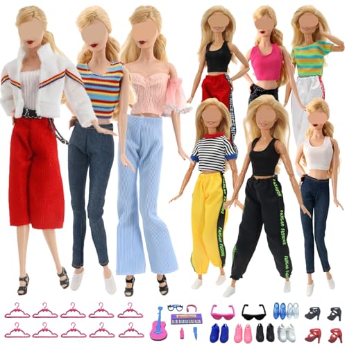 Bekleidungs kompatibel mit Barbie-Puppen, einschließlich Mode 6 Oberteil 6 Hosen 10 Kleiderbügel 6 Paar Freizeitschuhe 6 Musikzubehör 1 kühles Glas in zufälliger Reihenfolge für 11,5 Zoll Puppen von YITULOU