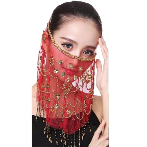 YIUPEDRFG Exquisite Pflaumenblüten Schal Gesichtsmaske für Bauchtanzaufführungen oder professionelle Auftritte. Chiffon Tanzshows, Rot von YIUPEDRFG