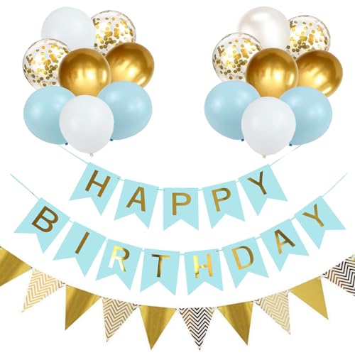 Luftballons Geburtstag Dekoration Set, Macaron blau weiße Geburtstagsdeko Happy Birthday deko Banner Party Deko Geburtstag Set mit Luftballons Konfetti Ballons Dreiecksflaggen Girlanden（BL+SJQ) von YIXINCHENQI