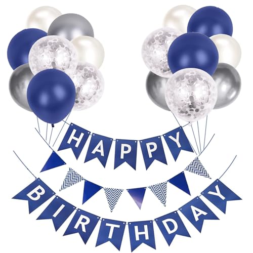 Luftballons Geburtstag Dekoration Set, Marineblau Silber Geburtstagsdeko Happy Birthday deko Banner Party Deko Geburtstag Set mit 16pcs Luftballons Dreiecksflaggen Girlanden（Marineblau+SJQ） von YIXINCHENQI