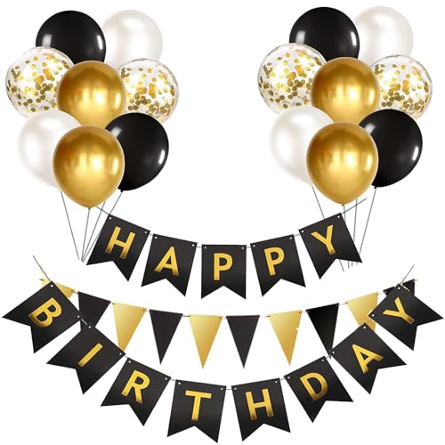 Luftballons Geburtstag Dekoration Set, Schwarz Gold Geburtstagsdeko Happy Birthday deko Banner Party Deko Geburtstag Set mit 16pcs Luftballons Konfetti Ballons Dreiecksflaggen Girlanden（BK&GD+SJQ) von YIXINCHENQI