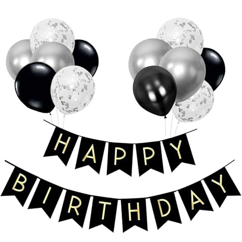 Luftballons Geburtstag Dekoration Set, Schwarz Silber Geburtstagsdeko Happy Birthday deko Banner Party Deko Geburtstag Set mit Schwarz Silber Luftballons Konfetti Ballons(SR) von YIXINCHENQI