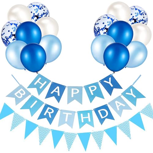 Luftballons Geburtstag Dekoration Set, blau weiße Geburtstagsdeko Happy Birthday deko Banner Party Deko Geburtstag Set mit 16pcs Luftballons Konfetti Ballons Dreiecksflaggen Girlanden（Blau+SJQ) von YIXINCHENQI