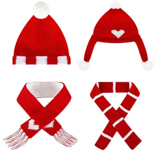 4Pcs Weihnachtspuppenmütze und Schal, Rot und Grün geeignet für die Weihnachtspuppendekoration von YIZHIXIANGQ