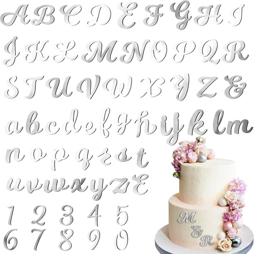 64pcs Buchstaben Tortendeko Tortendeko Zahlen, Spiegel Zahlen 0-9 und A-Z Großbuchstaben Kleinbuchstaben, Acryl Personalisierte Kuchen Deko für Geburtstag Hochzeit Jubiläum Babyparty, Silber von YIZHIXIANGQ