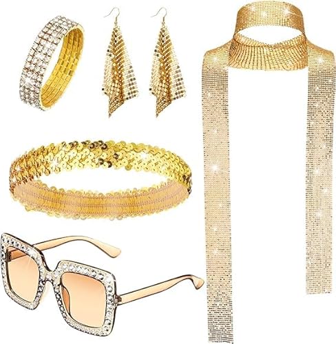 Disco Accessoires, 5pcs 70er Damen Glitzer Schmuck, 70er Jahre Disco Zubehör, 70er Jahre Kostümzubehör, Disco Schmuckset, mit Pailletten Schal Ohrringen Sonnenbrille Haarband Armband (Gold) von YIZHIXIANGQ