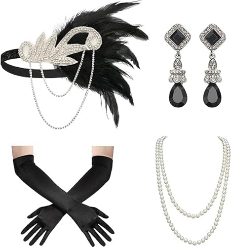 YIZHIXIANGQ 1920s Great Gatsby Accessoires, 20er Jahre Kostüm Damen, 20er Jahre Accessoires, 1920er Accessoires Damen, Gatsby Kostüm Accessoires Set, Stirnband Handschuhen Halskette Ohrringen von YIZHIXIANGQ