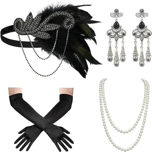 YIZHIXIANGQ 1920s Great Gatsby Accessoires, 20er Jahre Kostüm Damen, 20er Jahre Accessoires, 1920er Accessoires Damen, Gatsby Kostüm Accessoires Set, Stirnband Handschuhen Halskette Ohrringen von YIZHIXIANGQ