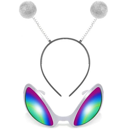 YIZHIXIANGQ Glitzer Alien Haarreif, Alien Haarband Silber, Alien Kopfschmuck, Unisex Haarband, Alien Regenbogenlinse Sonnenbrille, Stirnband für Mottoparty, Outfit Party von YIZHIXIANGQ