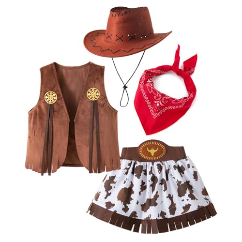 YIZITU Cowgirl-Rollenspiel-Outfit für Mädchen, 4-teiliges Western-Kostüm, Weste, Hose, Hut und kurzer Rock, Western-Thema, Bühnenauftritte, Outfit für Mädchen YIZITU Cowgirl-Rollenspiel-Outfit für Mädchen, 4-teiliges Western-Kostüm, Weste, Hose, Hut und kurzer Rock, Western-Thema, Bühnenauftritte, Outfit für Mädchen von YIZITU