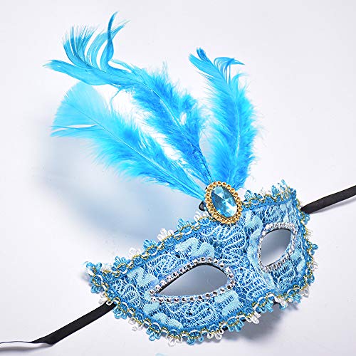 YJHWLF Maskerade Maske mit Feder, Frauen Venezianische Maske Halloween Party Mardi Gras Maske Karneval Augenmaske für Verkleidung Spitze Maske Kostüm Party，Interessantes Rollenspiel Zubehör (blau) von YJHWLF