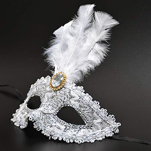 YJHWLF Maskerade Maske mit Feder, Frauen Venezianische Maske Halloween Party Mardi Gras Maske Karneval Augenmaske für Verkleidung Spitze Maske Kostüm Party，Interessantes Rollenspiel Zubehör (silbrig) von YJHWLF