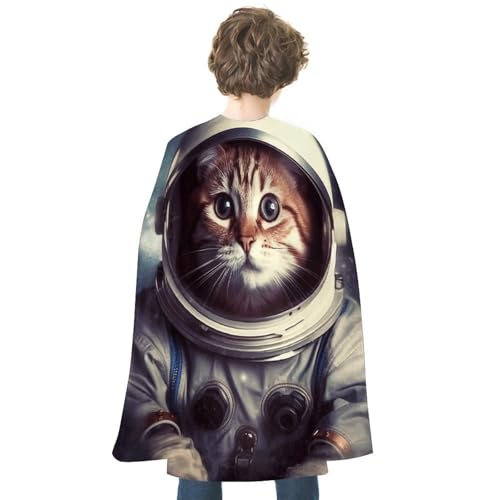 YJWANDL Wendbarer Halloween-Umhang, Tierkatze, Astronauten-Druck, Satin, Hexenumhang, leicht und bequem, Halloween-Kostüm-Umhang von YJWANDL