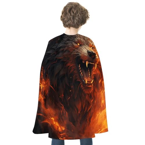 YJWANDL Wendbarer Halloween-Umhang, Wilder Wolf im Feuer, Satin, Hexenumhang, leichter und bequemer Halloween-Kostüm-Umhang von YJWANDL