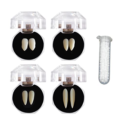 YJZQ 4 Paar Halloween Vampir Zähne, 4 Größen Gebiss Zombie Gebiss Fangs Gefälschte Zähne mit 1 Rohr Zähne Pellets Klebstoff Cosplay für Cosplay Party Requisiten Party Halloween Party Fangs von YJZQ