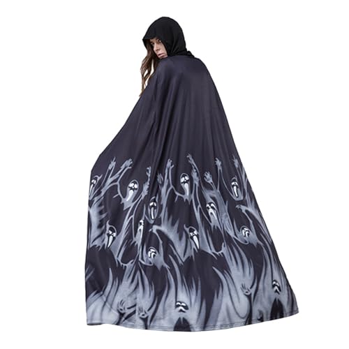 YJZQ Halloween Gespenst Umhang mit Kapuze Unisex Totenkopf Mantel Schrecklich Skelett Poncho Weicher Zauberer Umhang Sensenmann Kostüm Hexen Poncho für Halloween, Karneval, Ostern, Cosplay von YJZQ