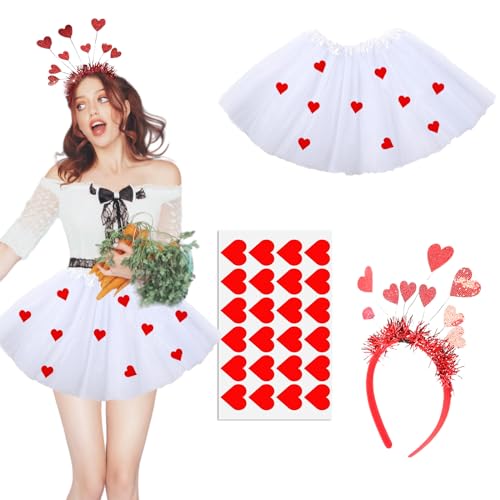 YKHSUAOU 2 Stück Amor Damen Tüllrock Weiß,Herz Kopf Bopper Haar Accessoires 48 pcs Herz Sticker Glitzer Aufkleber für Valentinstag Karneval Mottoparty Amor Kostüme Accessoires von YKHSUAOU