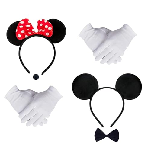 YKHSUAOU 2Stk Haarreifen mit Maus Ohren 2Stk weiße Handschuhe 2Stk Nase 1 Fliege Schleife Maus Mouse Kostüm für Halloween Karneval Cosplay Party von YKHSUAOU